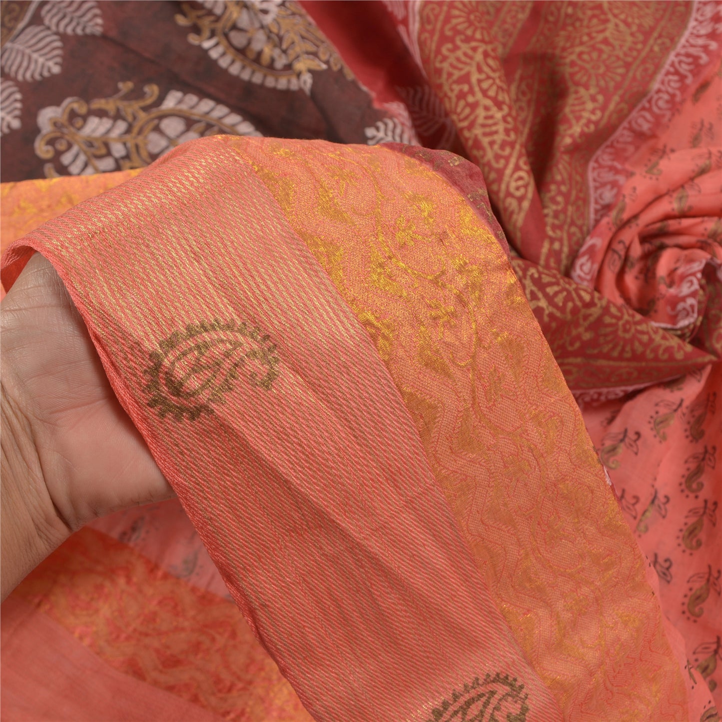 Sanskriti Vintage Peach Sarees Pure Cotton Hand Painted Premium Sari Sustainable Fabric