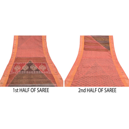 Sanskriti Vintage Peach Sarees Pure Cotton Hand Painted Premium Sari Sustainable Fabric