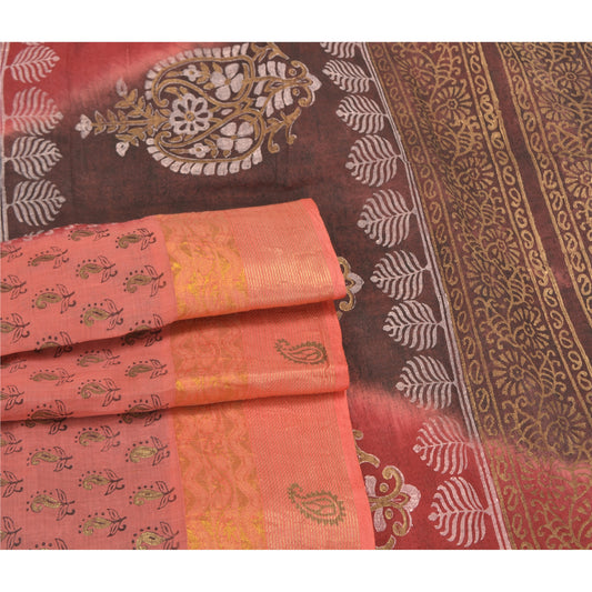 Sanskriti Vintage Peach Sarees Pure Cotton Hand Painted Premium Sari Sustainable Fabric