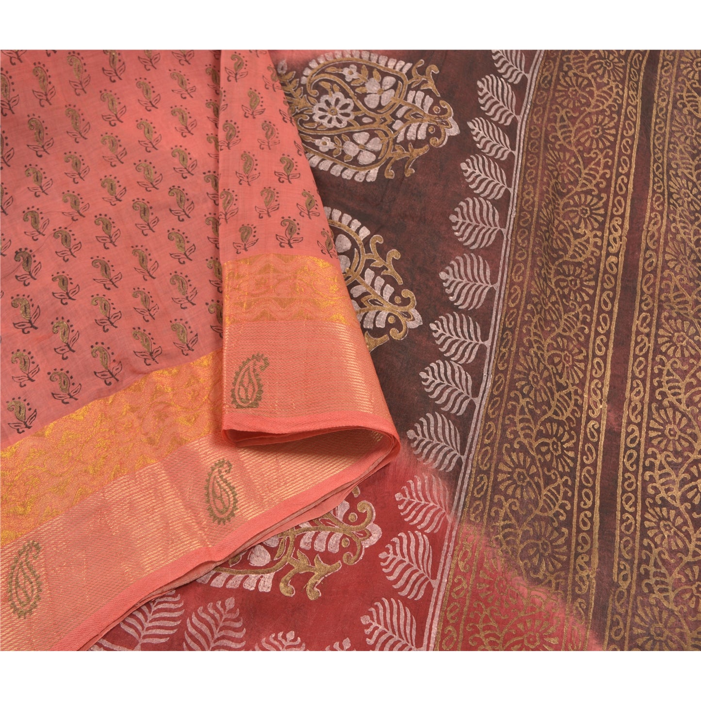 Sanskriti Vintage Peach Sarees Pure Cotton Hand Painted Premium Sari Sustainable Fabric