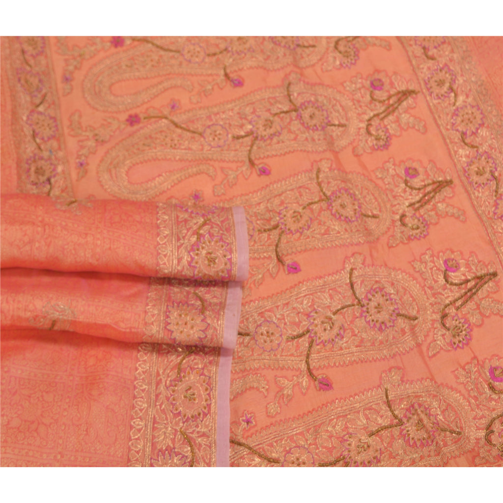 Sanskriti Vintage Pink Sarees Pure Organza Silk Hand Beaded Woven Sari Sustainable Fabric
