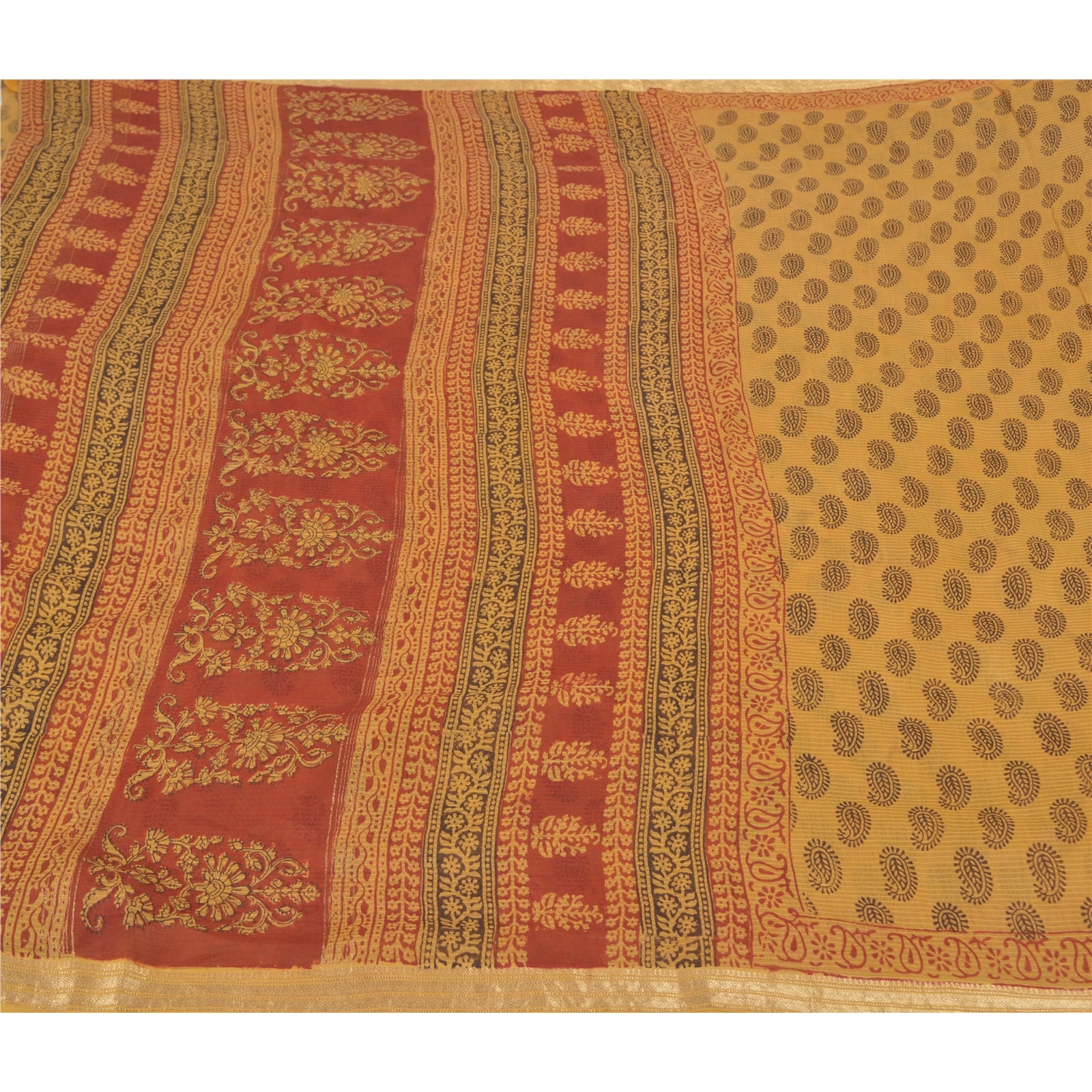 Sanskriti Vintage Green Sarees Cotton Silk Hand Block Printed Sari Craft Sustainable Fabric