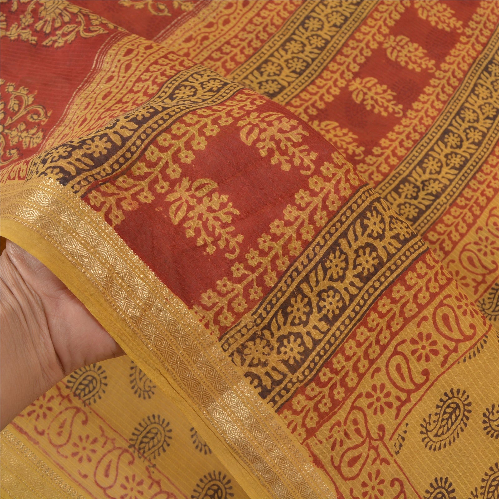 Sanskriti Vintage Green Sarees Cotton Silk Hand Block Printed Sari Craft Sustainable Fabric