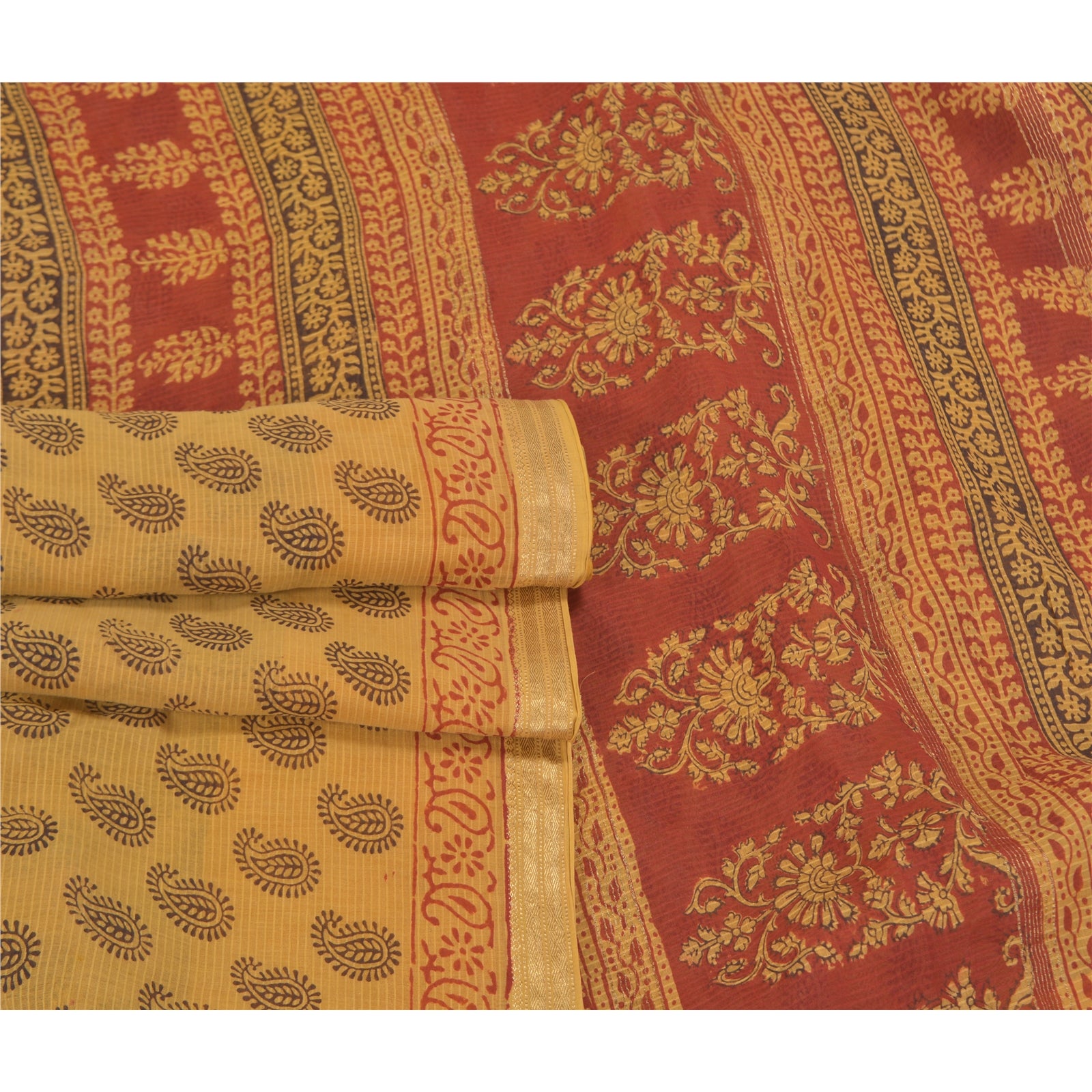Sanskriti Vintage Green Sarees Cotton Silk Hand Block Printed Sari Craft Sustainable Fabric
