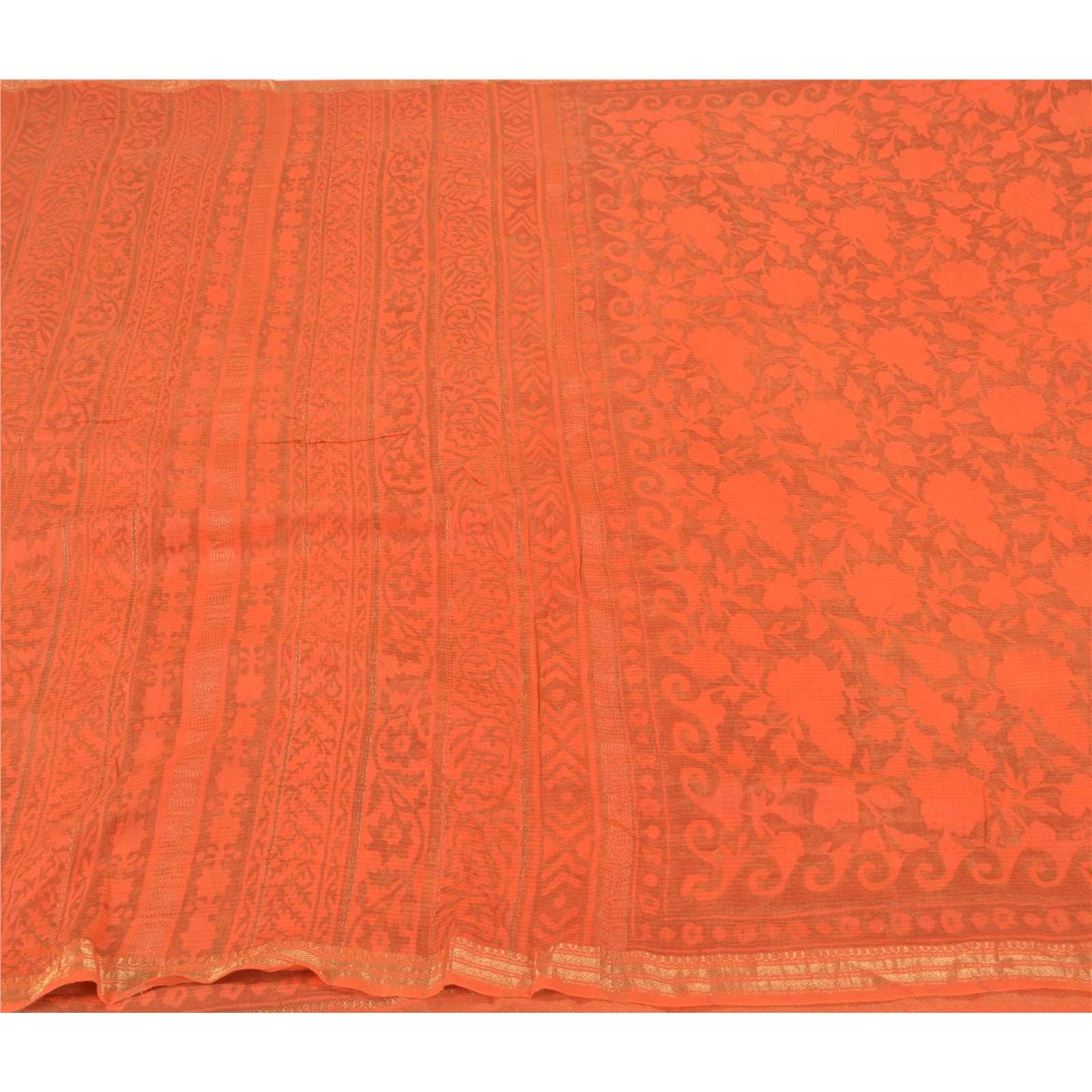 Sanskriti Vintage Orange Sarees Cotton Silk Printed Woven Premium Sari Sustainable Fabric