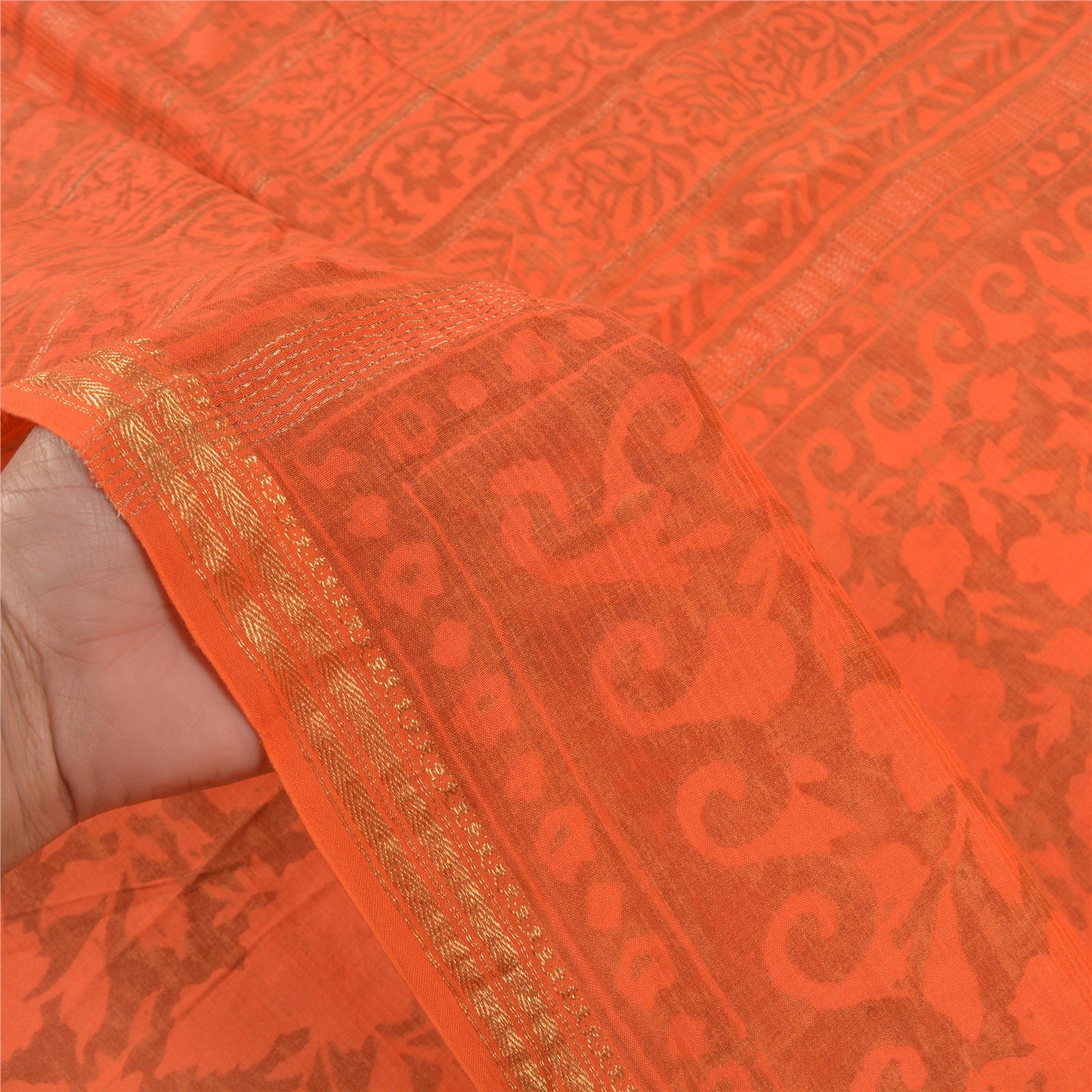 Sanskriti Vintage Orange Sarees Cotton Silk Printed Woven Premium Sari Sustainable Fabric