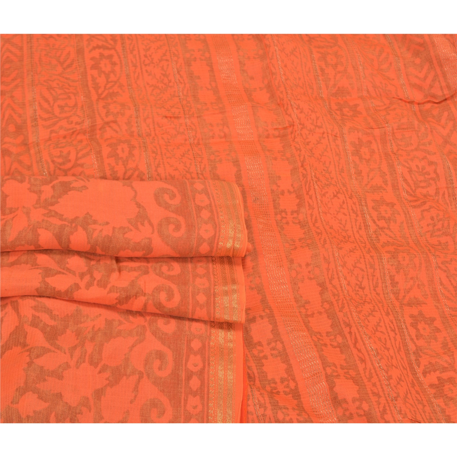 Sanskriti Vintage Orange Sarees Cotton Silk Printed Woven Premium Sari Sustainable Fabric
