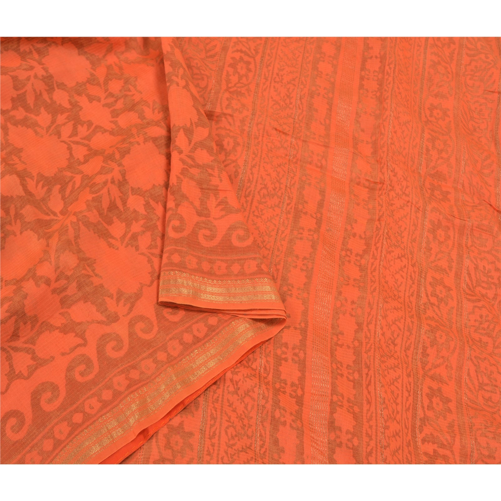 Sanskriti Vintage Orange Sarees Cotton Silk Printed Woven Premium Sari Sustainable Fabric
