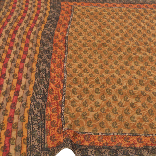 Sanskriti Vintage Brown Sarees 100% Pure Silk Woven Printed Craft Sari Sustainable Fabric