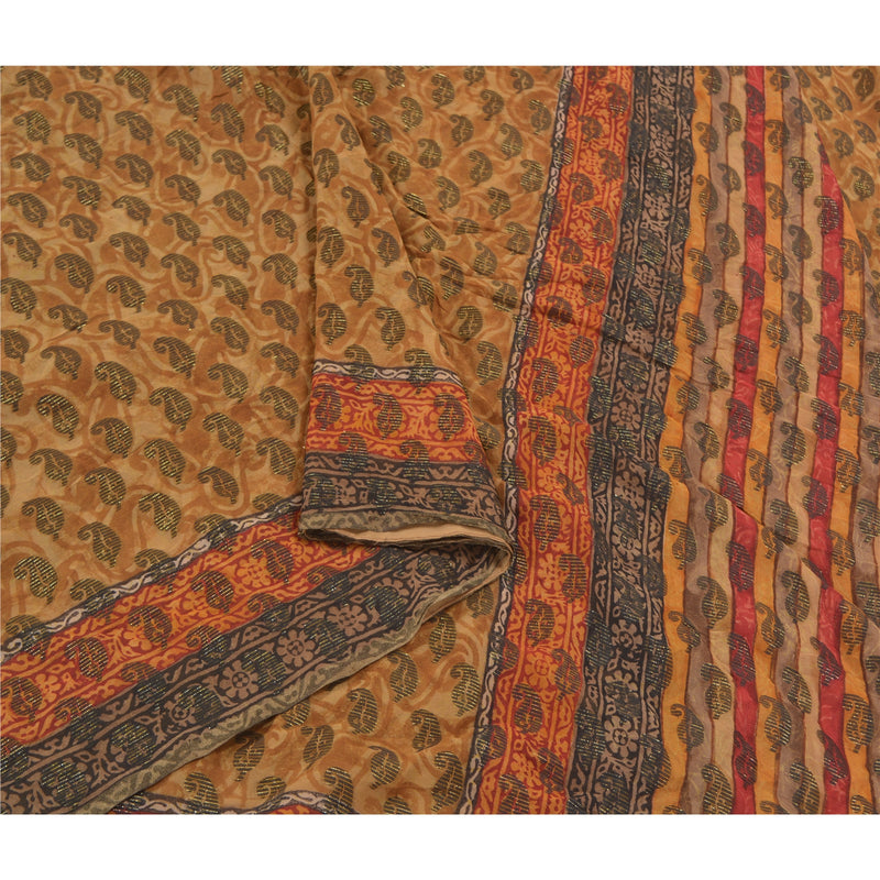 Sanskriti Vintage Sari 100% Pure Silk Brown Sarees Woven Printed Craft 5yd Fabric Add-Elegance to Table Linen, Curtains, or Cushions