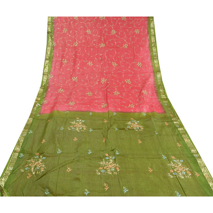 Sanskriti Vintage Pink Sarees Pure Silk Hand Embroidered Craft Sari Sustainable Fabric