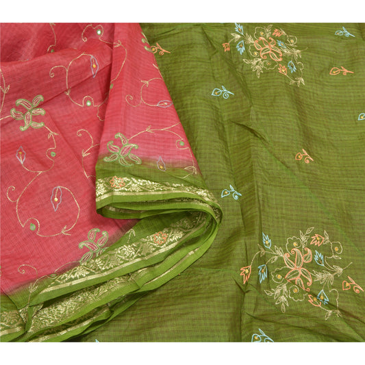 Sanskriti Vintage Pink Sarees Pure Silk Hand Embroidered Craft Sari Sustainable Fabric