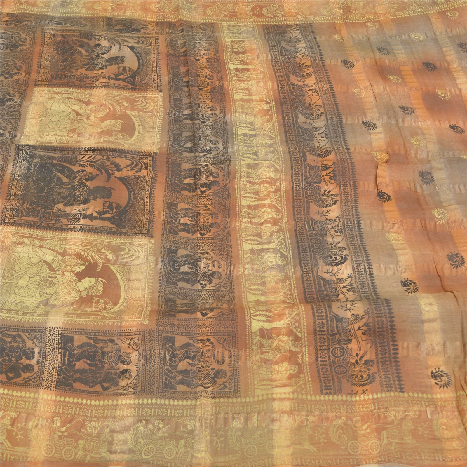 Sanskriti Vintage Sanskriti Vintage Vintage Sari 100% Pure Silk Brown Sarees Block Printed & Baluchari 5yd Craft FabricAdd-Elegance to Table Linen