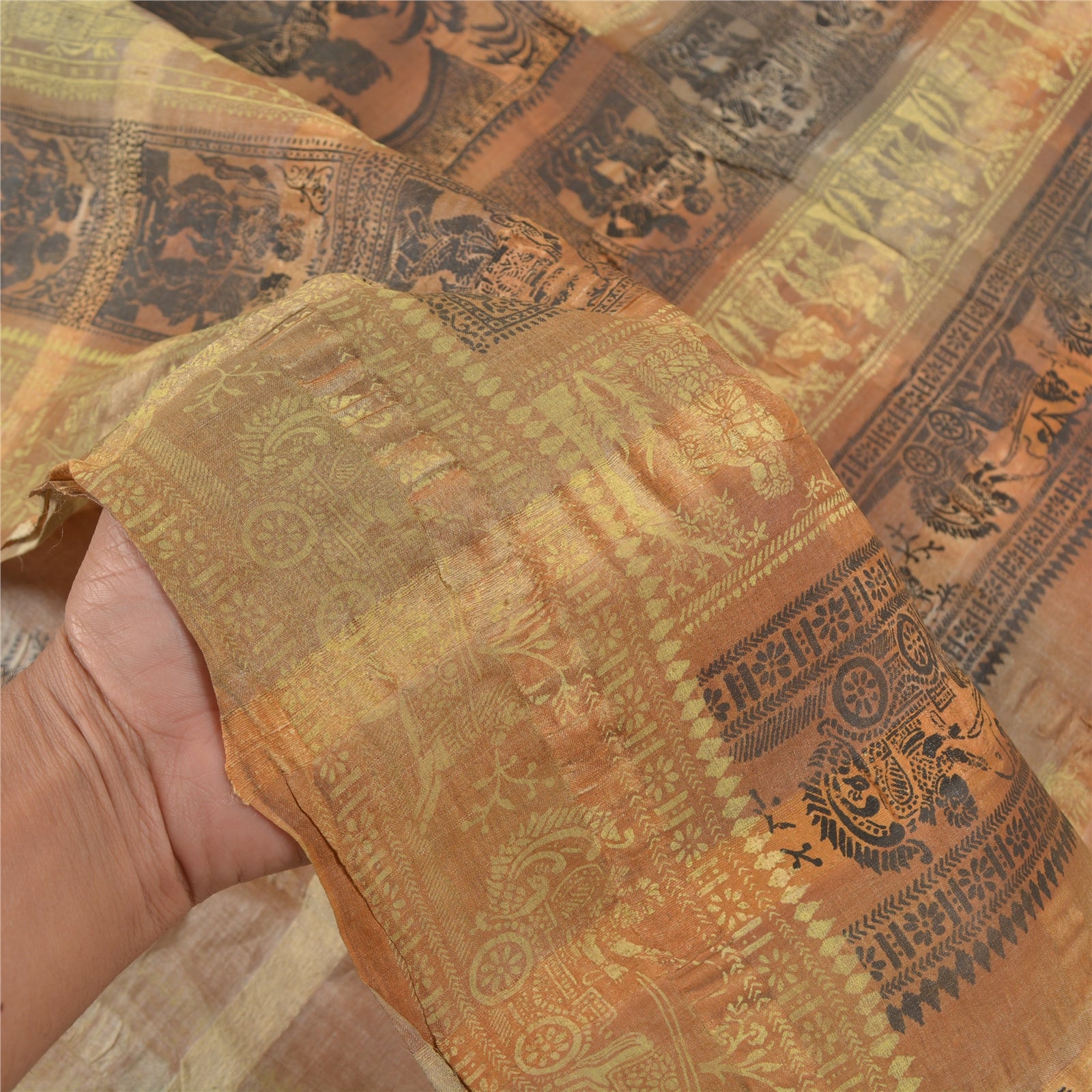 Sanskriti Vintage Sanskriti Vintage Vintage Sari 100% Pure Silk Brown Sarees Block Printed & Baluchari 5yd Craft FabricAdd-Elegance to Table Linen