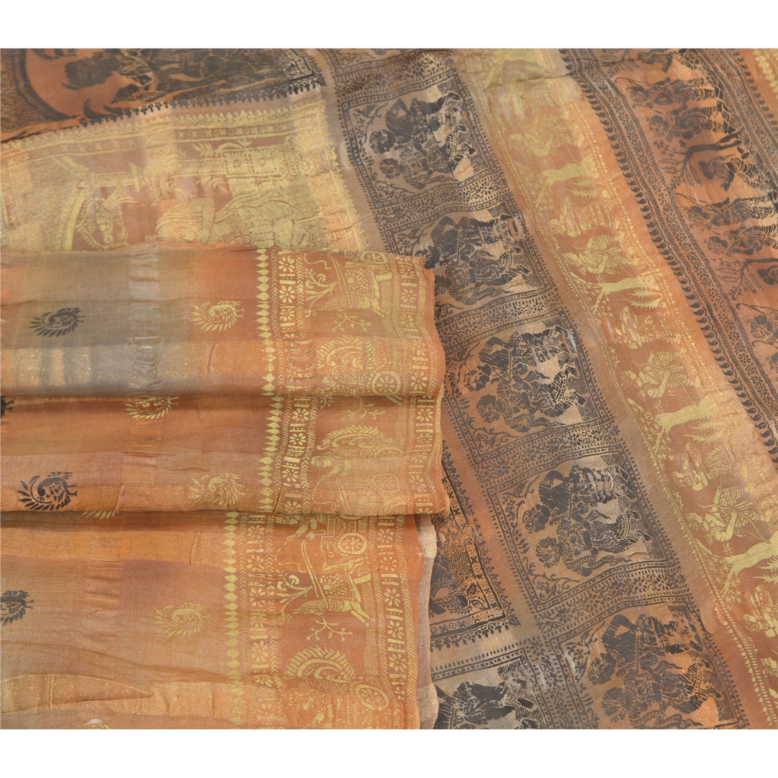 Sanskriti Vintage Sanskriti Vintage Vintage Sari 100% Pure Silk Brown Sarees Block Printed & Baluchari 5yd Craft FabricAdd-Elegance to Table Linen