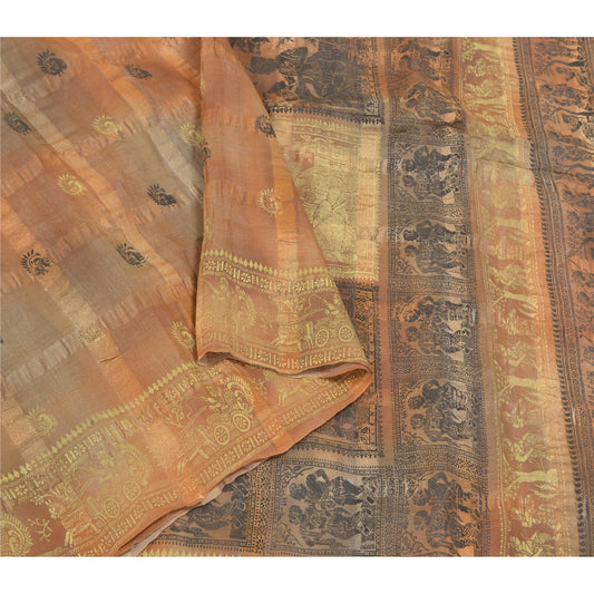 Sanskriti Vintage Brown Sarees Pure Silk Block Printed Craft Sari Sustainable Fabric