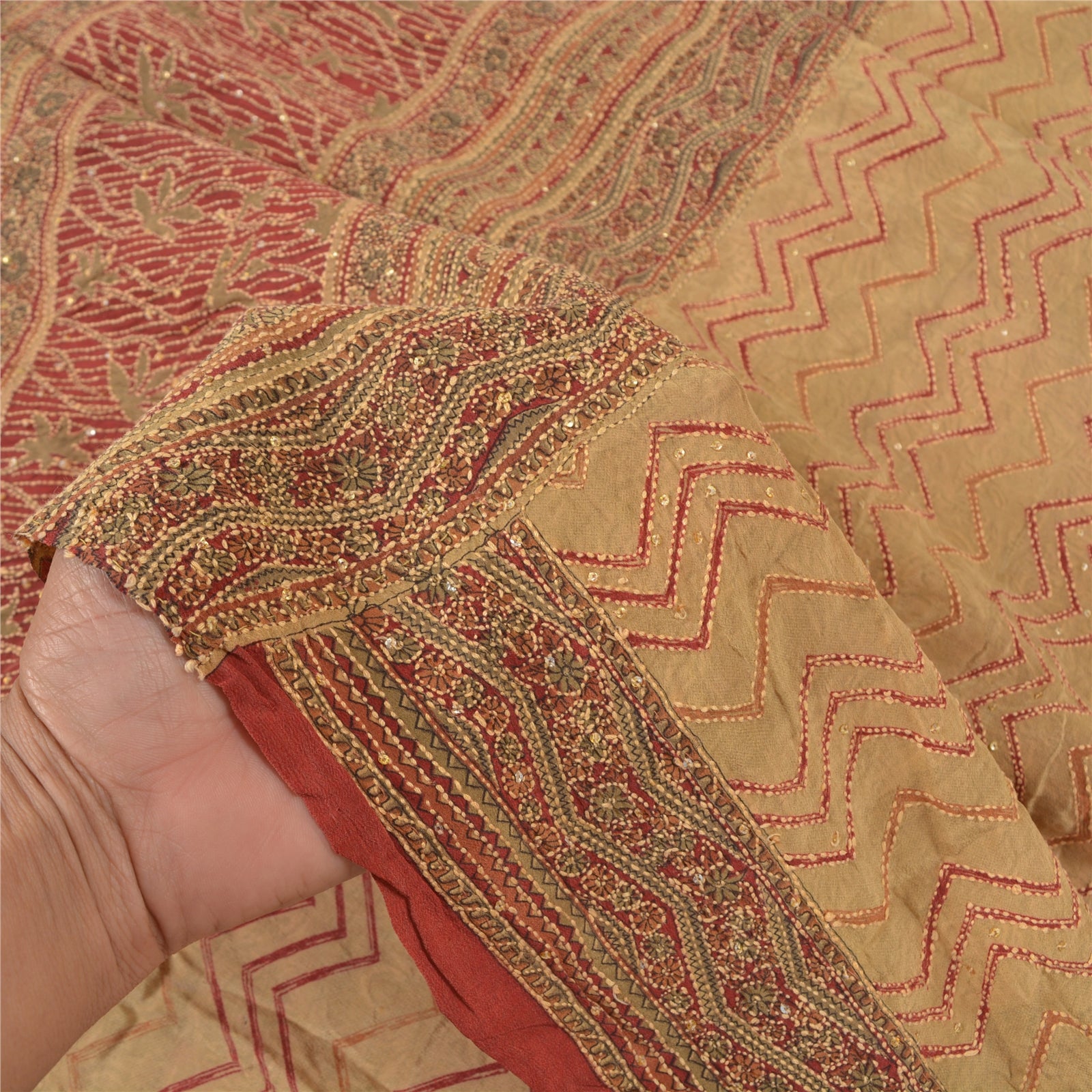 Sanskriti Vintage Cream Sarees Pure Crepe Silk Kantha Work Craft Sari Sustainable Fabric