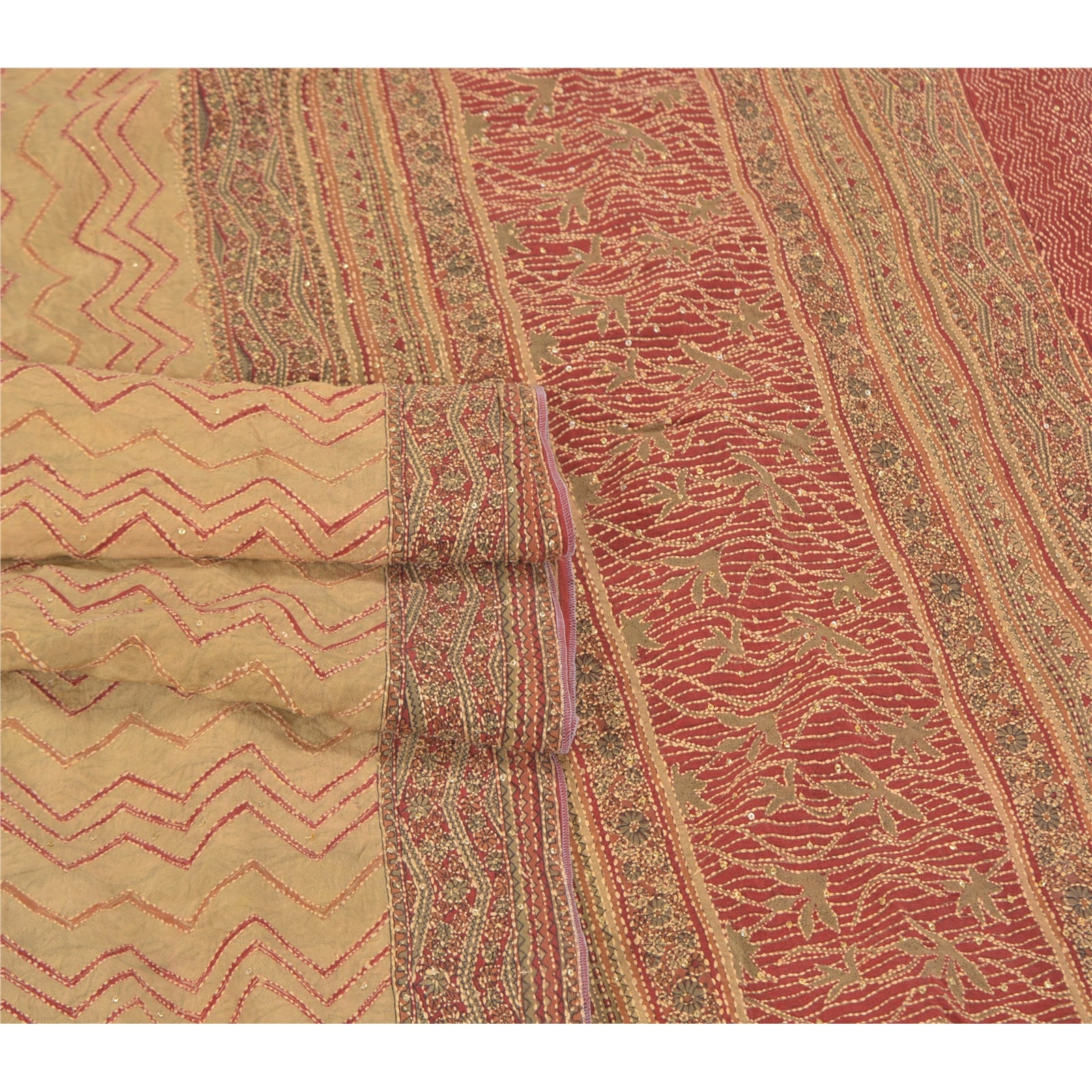 Sanskriti Vintage Cream Sarees Pure Crepe Silk Kantha Work Craft Sari Sustainable Fabric