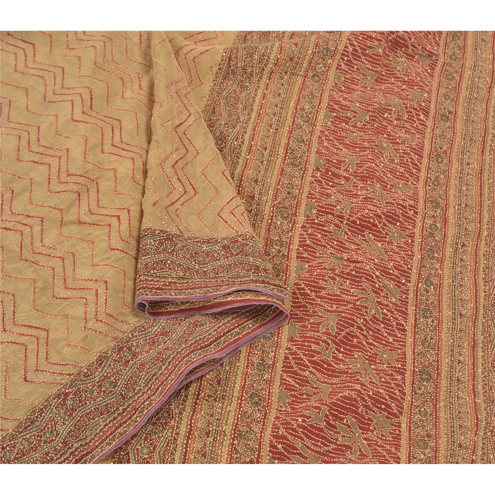 Sanskriti Vintage Cream Sarees Pure Crepe Silk Kantha Work Craft Sari Sustainable Fabric