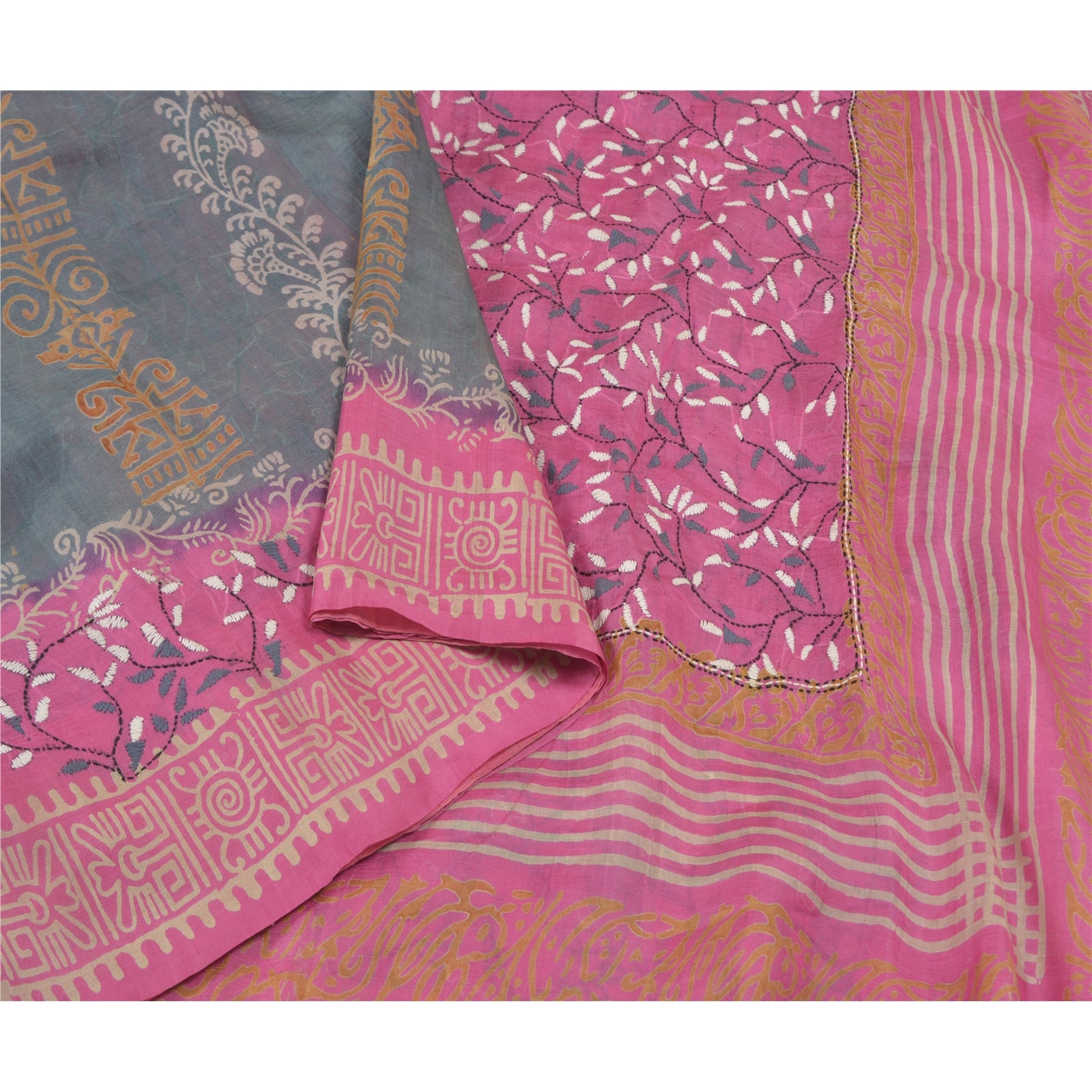 Sanskriti Vintage Sari 100% Pure Silk Grey & Pink Saree Printed Floral 5yd Craft Fabric Pre-owned Indian Saree Fabric Upcycled Remnant
