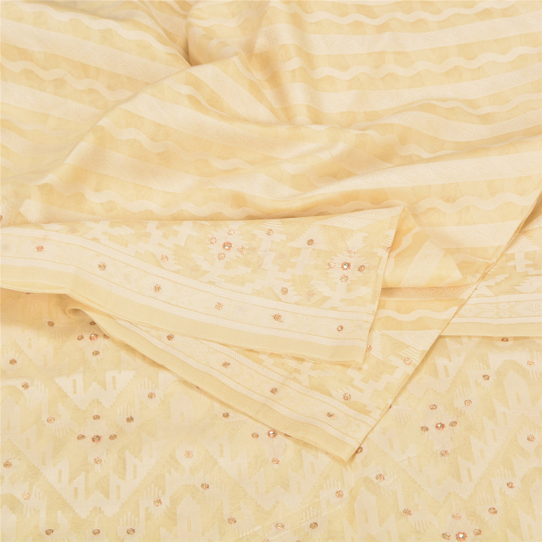 Sanskriti Vintage Ivory Indian Sarees Pure Silk Hand Beaded Woven Sari Fabric