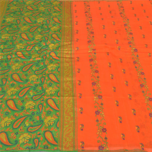 Sanskriti Vintage Orange Sarees 100% Pure Silk Hand-Woven Sari 5 Yard Sustainable Fabric