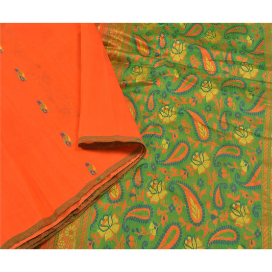 Sanskriti Vintage Orange Sarees 100% Pure Silk Hand-Woven Sari 5 Yard Sustainable Fabric