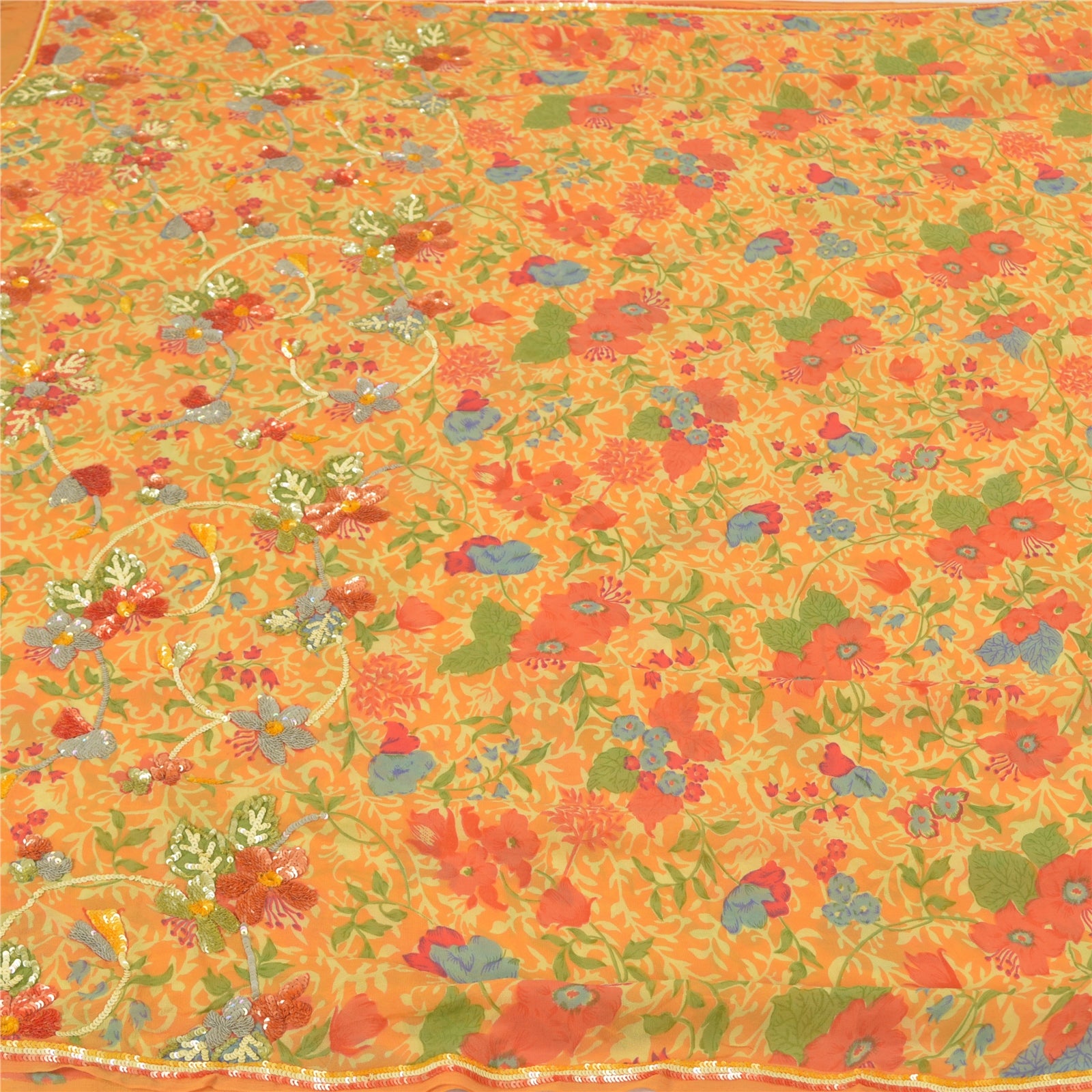 Sanskriti Vintage Saffron Pure Georgette Silk Sari: Hand-Beaded Sequins Floral Fabric Create- Upcycled Sarongs, Scarves, or Stoles