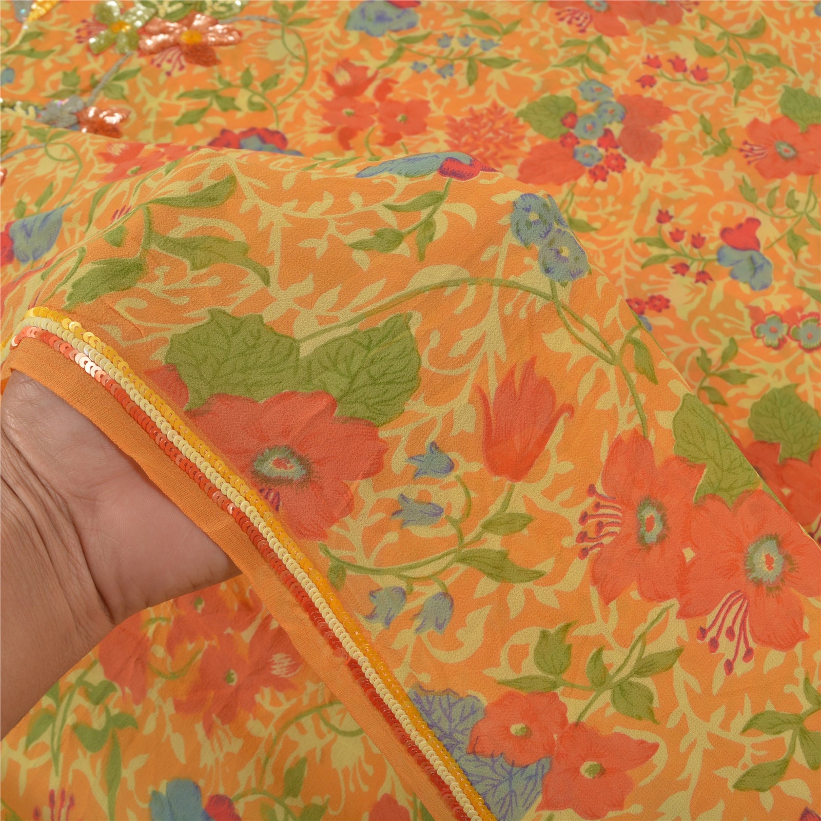 Sanskriti Vintage Saffron Pure Georgette Silk Sari: Hand-Beaded Sequins Floral Fabric Create- Upcycled Sarongs, Scarves, or Stoles