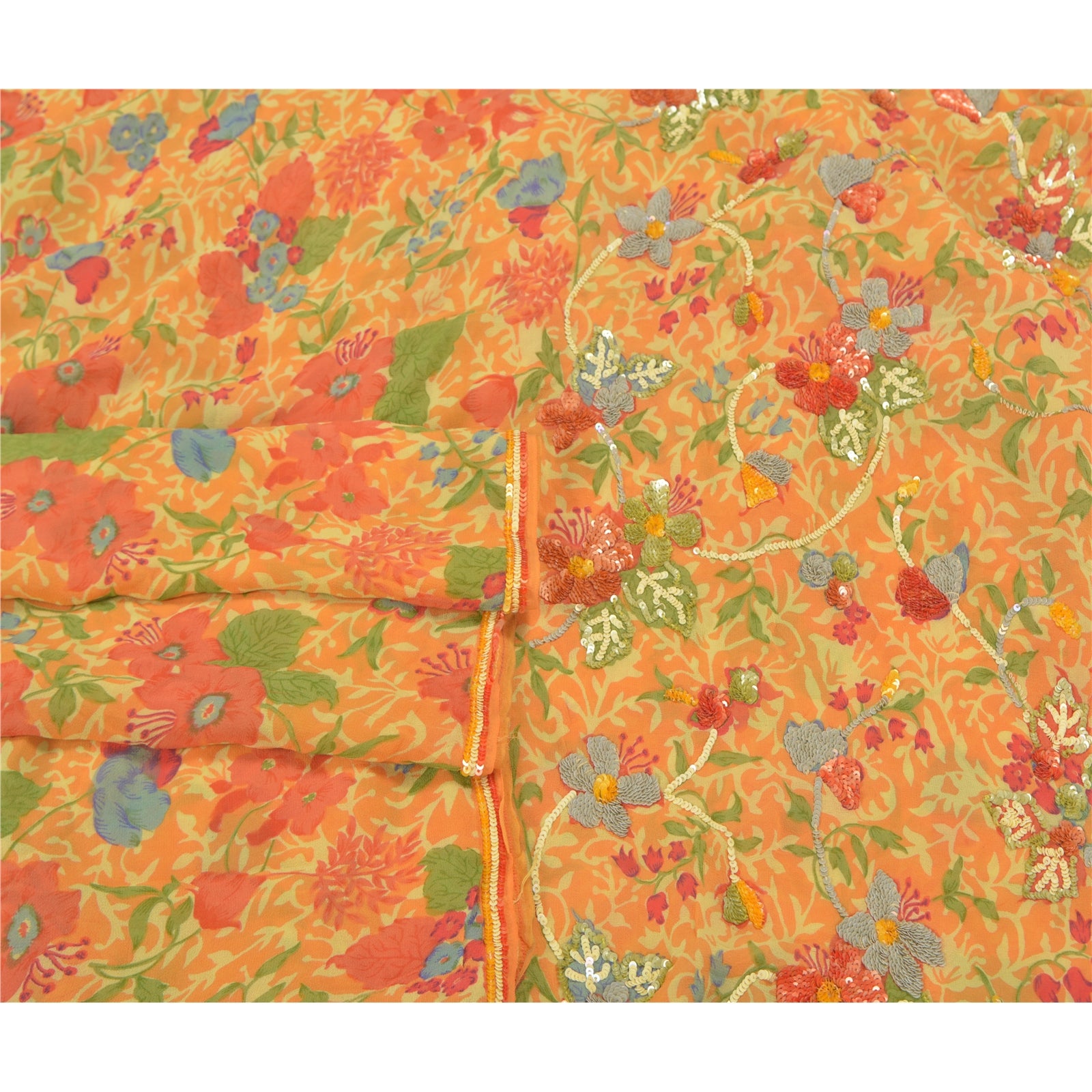 Sanskriti Vintage Saffron Pure Georgette Silk Sari: Hand-Beaded Sequins Floral Fabric Create- Upcycled Sarongs, Scarves, or Stoles