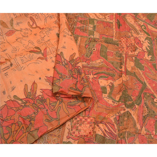 Sanskriti Vintage Peach Indian Sarees Pure Silk Hand Beaded Sari Craft Sustainable Fabric