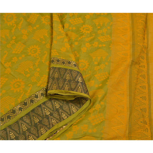 Sanskriti Vintage Green Sarees 100% Pure Silk Woven Sari Craft Soft Sustainable Fabric