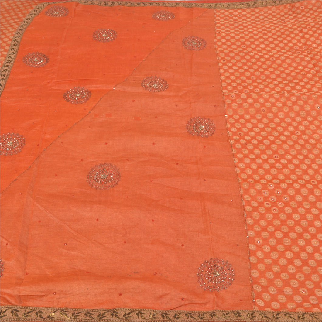 Sanskriti Vintage Orange Sarees Pure Silk Hand Beaded Woven Premium Sari Fabric