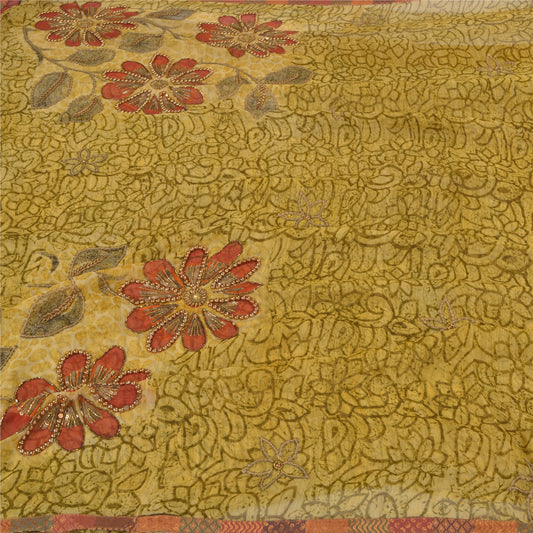 Sanskriti Vintage Green Sarees Blend Georgette Hand Beaded Sari Craft Sustainable Fabric