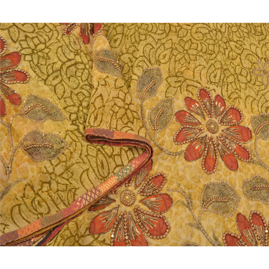 Sanskriti Vintage Green Sarees Blend Georgette Hand Beaded Sari Craft Sustainable Fabric