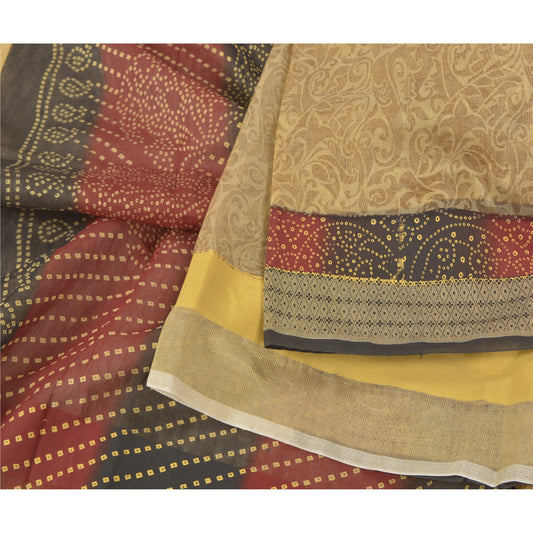 Sanskriti Vintage Beige Sarees 100% Pure Cotton Bandhani Sari Craft Soft Sustainable Fabric