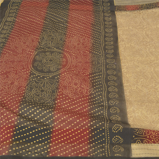 Sanskriti Vintage Beige Sarees 100% Pure Cotton Bandhani Sari Craft Soft Sustainable Fabric