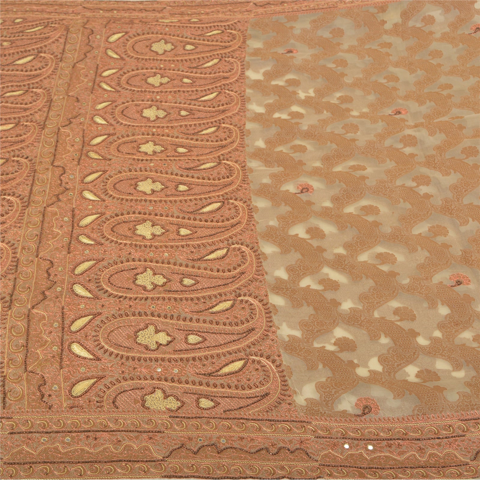 Sanskriti Vintage Ivory Sarees Pure Organza Silk Hand Beaded Woven Sari Sustainable Fabric