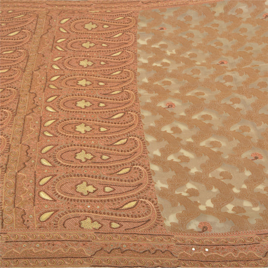 Sanskriti Vintage Ivory Sarees Pure Organza Silk Hand Beaded Woven Sari Sustainable Fabric