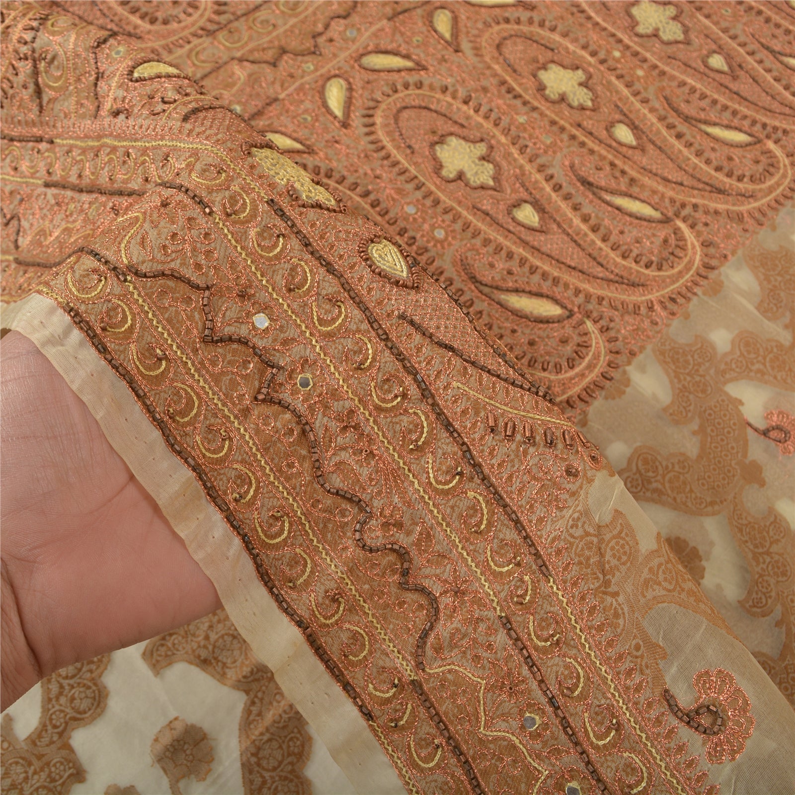 Sanskriti Vintage Ivory Sarees Pure Organza Silk Hand Beaded Woven Sari Sustainable Fabric