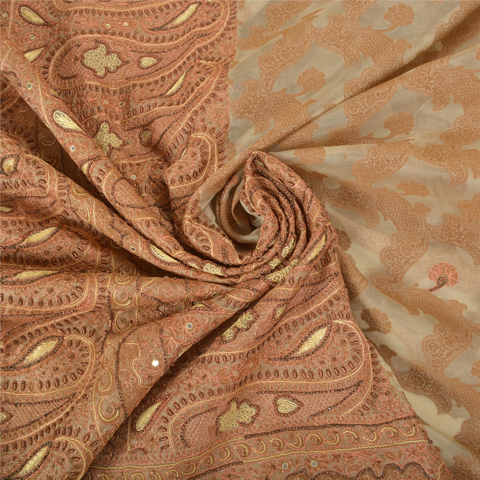 Sanskriti Vintage Ivory Sarees Pure Organza Silk Hand Beaded Woven Sari Sustainable Fabric