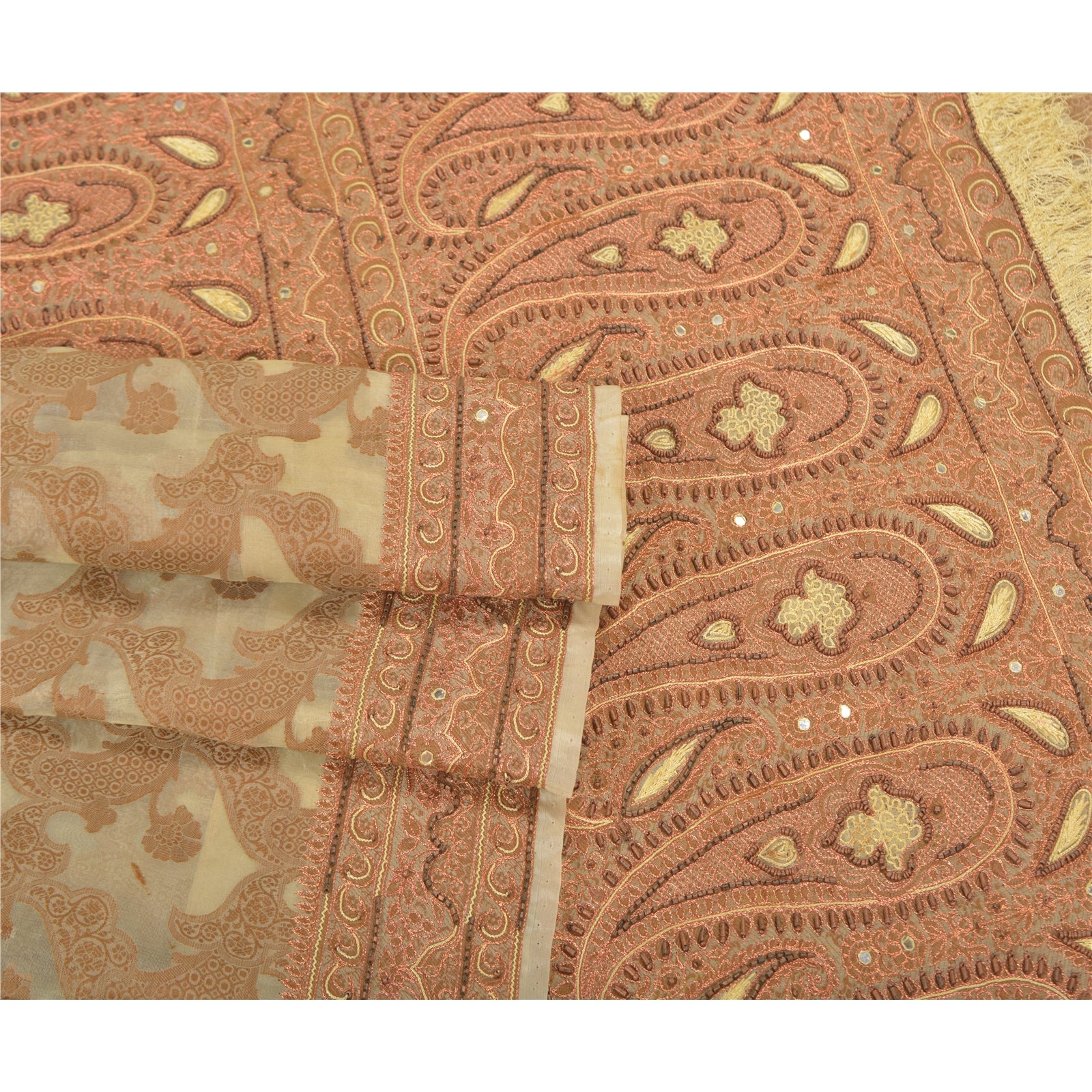 Sanskriti Vintage Ivory Sarees Pure Organza Silk Hand Beaded Woven Sari Sustainable Fabric