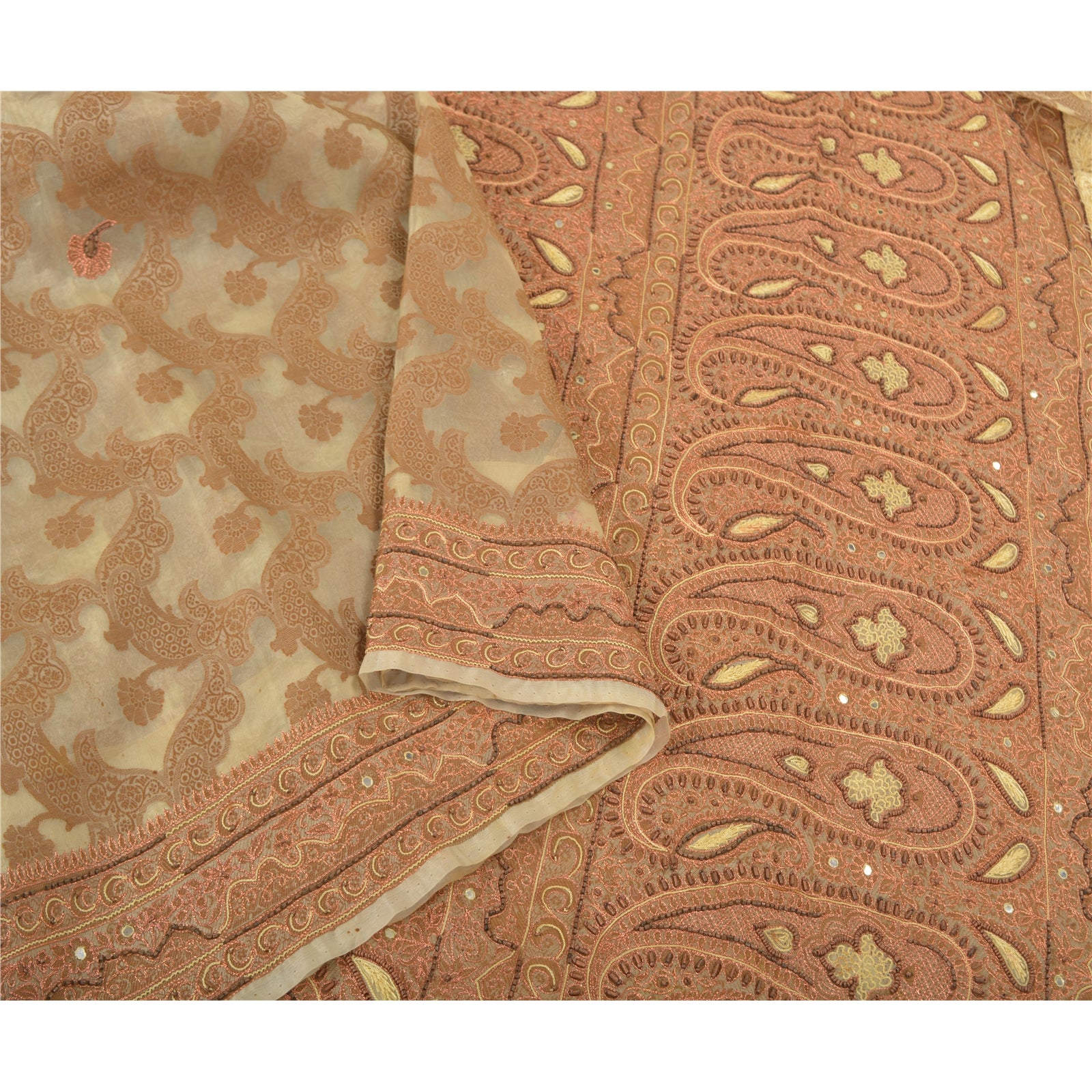 Sanskriti Vintage Ivory Sarees Pure Organza Silk Hand Beaded Woven Sari Sustainable Fabric