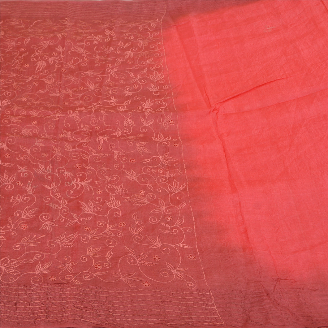 Sanskriti Vintage Red Sarees 100% Pure Silk Embroidered Craft Sari 5 Yard Fabric