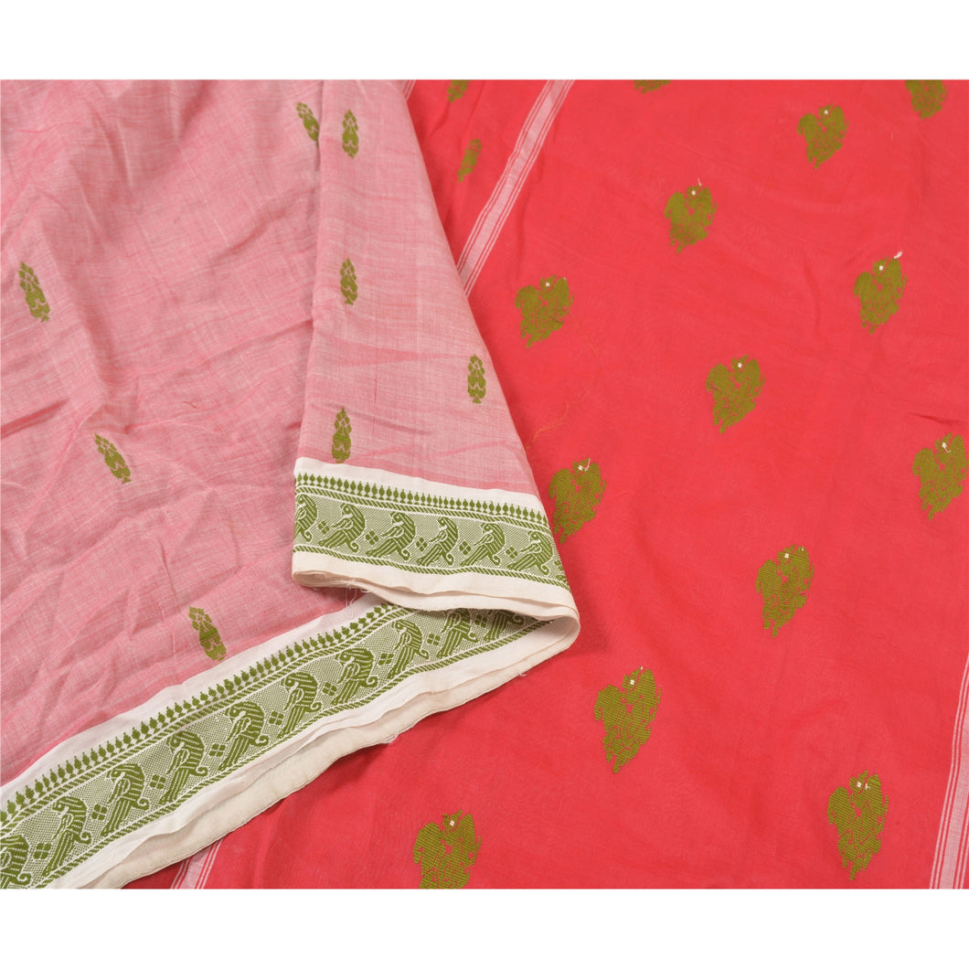 Sanskriti Vintage Pink Indian Sarees 100% Pure Cotton Hand Woven Sari Fabric