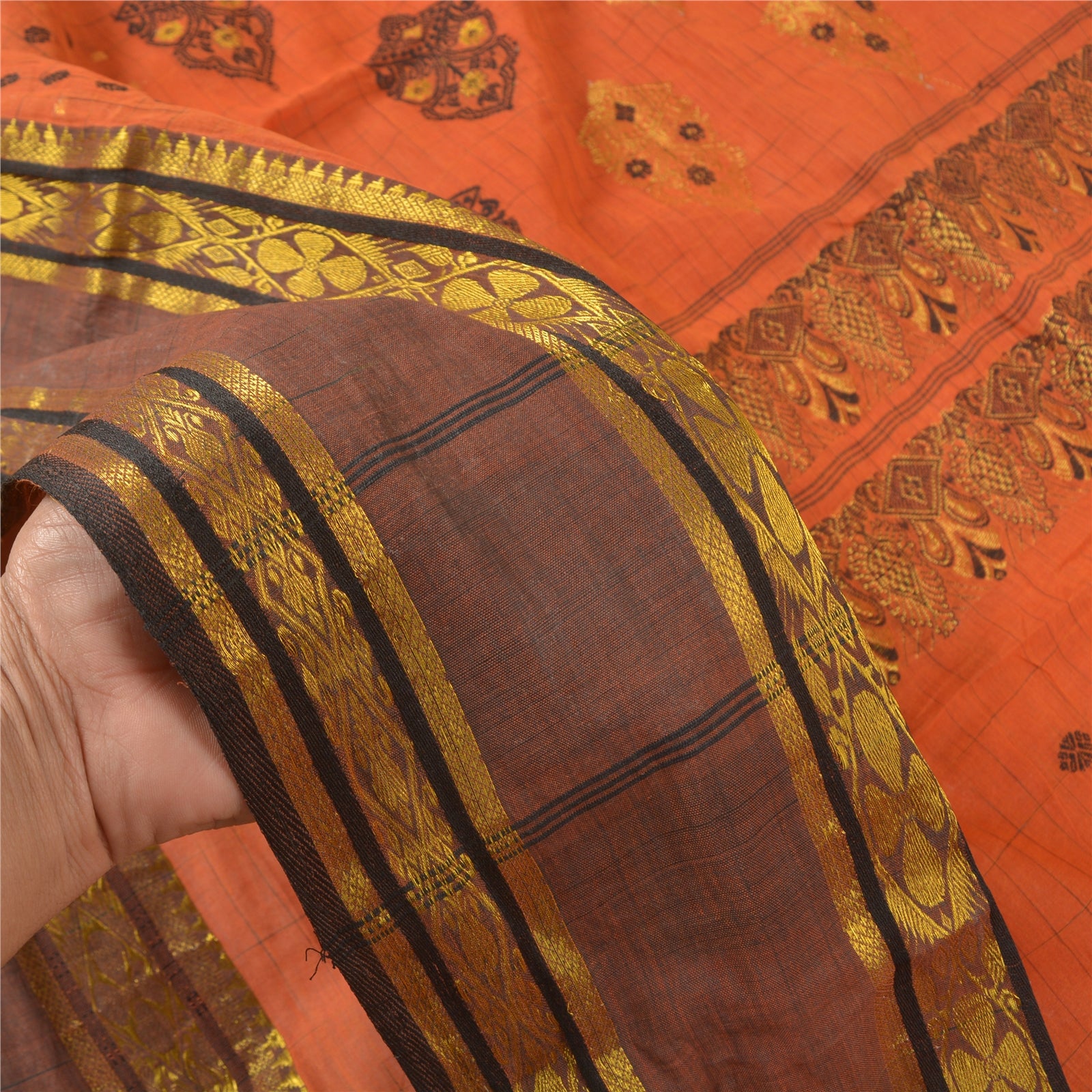 Sanskriti Vintage Handwoven Pure Orange Cotton Sari Fabric: Floral Zari Border, 5yd Bohemian Fabric For Dressmaking,Craft Supplies,Upcyclers