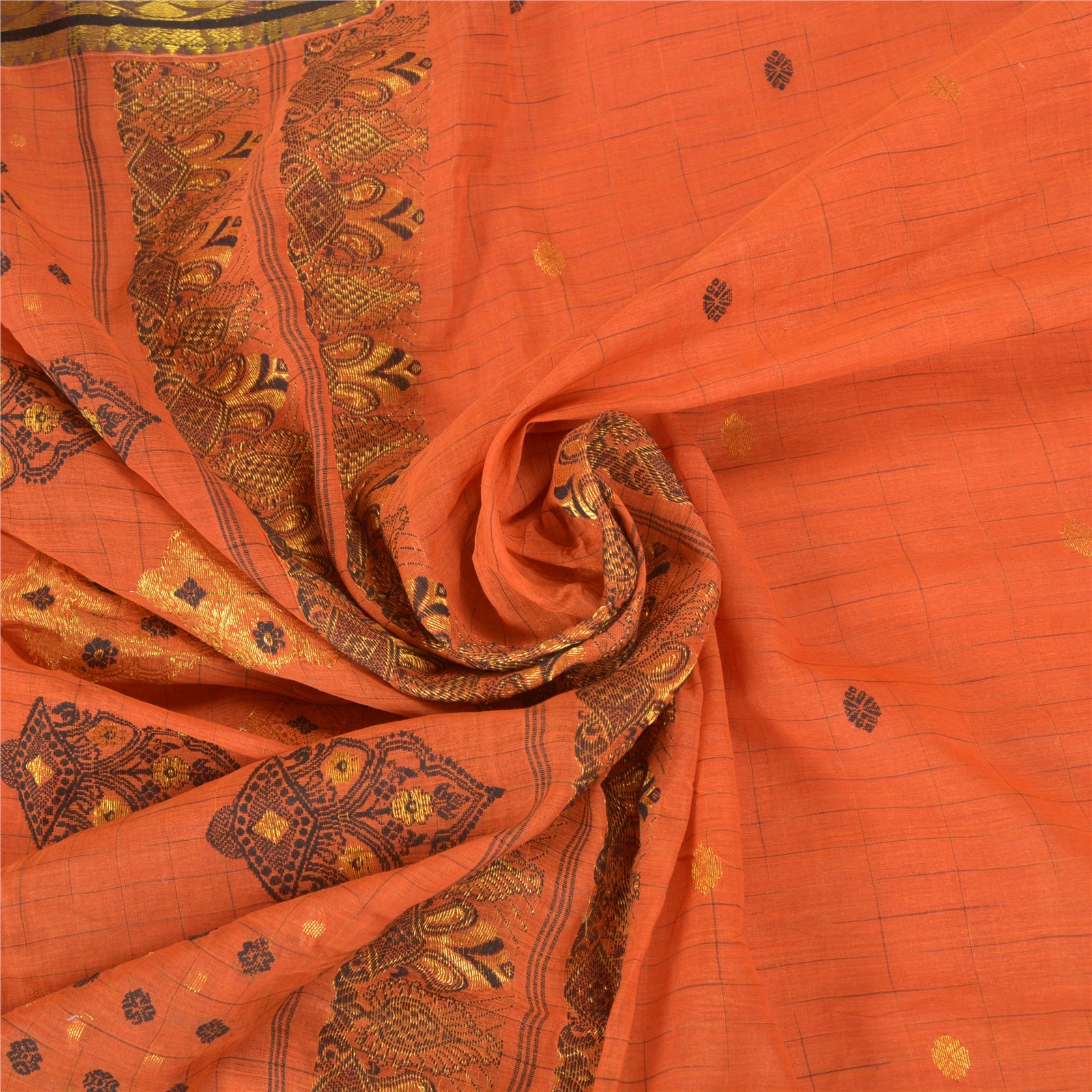 Sanskriti Vintage Handwoven Pure Orange Cotton Sari Fabric: Floral Zari Border, 5yd Bohemian Fabric For Dressmaking,Craft Supplies,Upcyclers