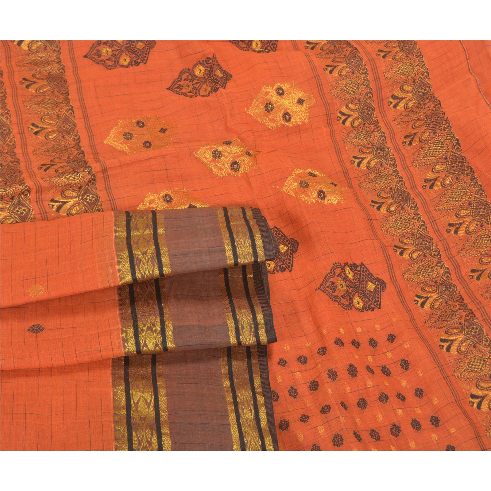 Sanskriti Vintage Handwoven Pure Orange Cotton Sari Fabric: Floral Zari Border, 5yd Bohemian Fabric For Dressmaking,Craft Supplies,Upcyclers