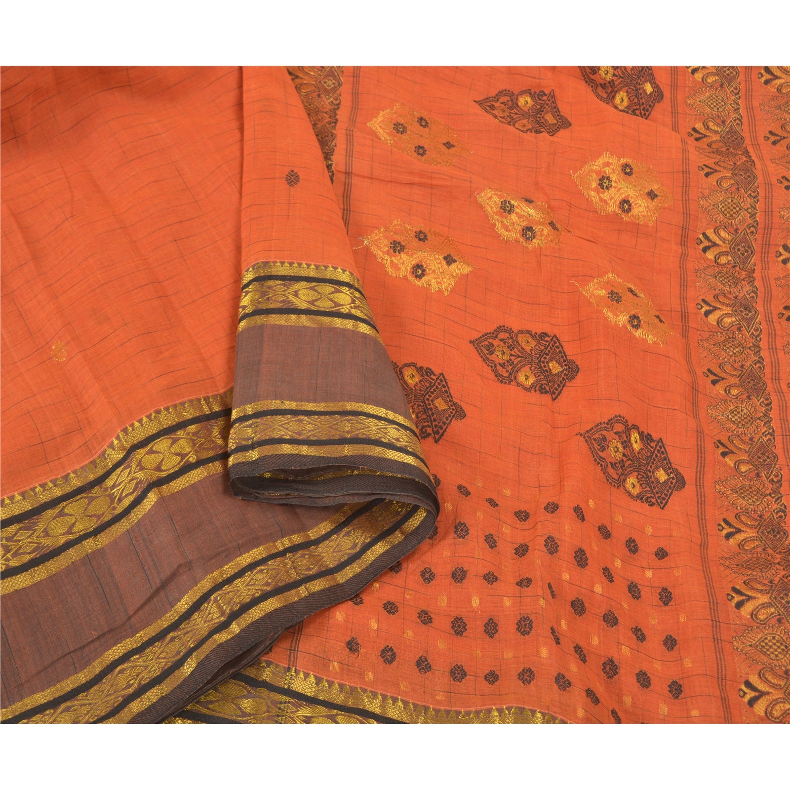 Sanskriti Vintage Handwoven Pure Orange Cotton Sari Fabric: Floral Zari Border, 5yd Bohemian Fabric For Dressmaking,Craft Supplies,Upcyclers