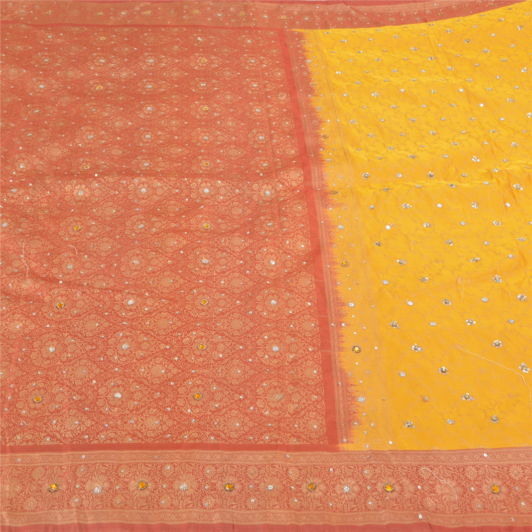 anskriti Vintage Yellow Sarees Blend Silk Hand Beaded Woven Premium Sari Fabric